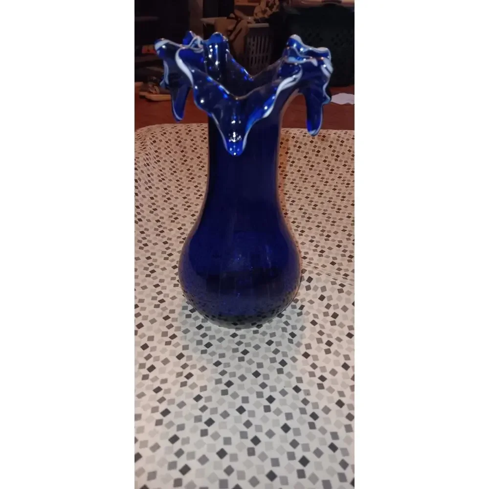 Vintage Deep Cobalt Blue Vase with Scalloped Crimped Ruffled Top Edge 8”